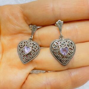 Vintage 925 Sterling Silver Filigree Amethyst Post Earrings Heart Drop Dangle